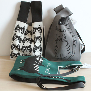 出口日本正版猫咪斜挎针织环保单肩小购物袋微弹力手提手拎小包