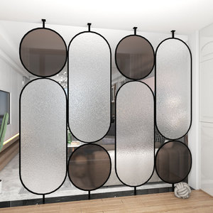 北欧窄边铁艺冰裂玻璃屏风圆形棒棒糖椭圆灰不锈钢浴室屏隔断玄关