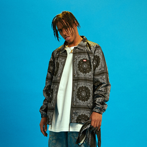 1807黑色红色满版腰果花印花刺绣logo宽松街头嘻哈教练夹克18fw