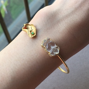 【现货】18k金镶嵌缅甸天然a货高冰金鱼翡翠手镯连年有余翡翠