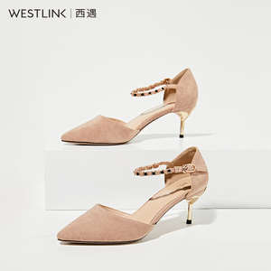 西遇女鞋2018春季新款绒面金属黑钻链条浅口高跟鞋女细跟尖头