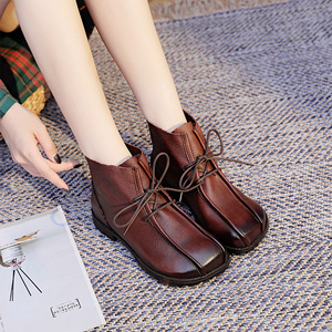 狐姬全真皮复古休闲牛筋软底女大头短靴民族风平底单靴景本色女鞋