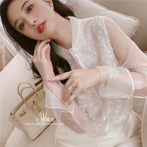 钰懿纺 米白色真丝欧根纱钉珠衬衣女秋透明长袖衬衫气质时尚上衣