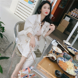 钰懿纺 粉金饰带超宽松牛仔外套/牛仔裤套装成熟两件套气质女装