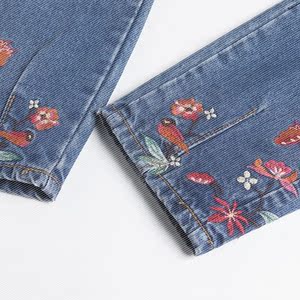 刺绣花大图案直筒裤女裤裤仔大裤八分裤腿牛牛仔腿花裤九分裤裤裤