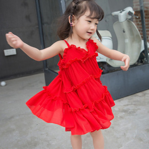 女宝红色吊带裙三亚沙滩裙子儿童海边衣服雪纺女童海边度假连衣裙