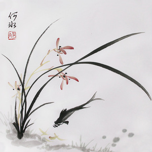 原创写意国画小品鱼兰花手绘真迹书画收藏字画原稿斗方文人画芯