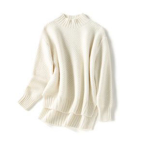 奶白色100羊绒毛衣 慵懒时尚纯羊绒衫女半高领针织宽松加厚蜂窝针
