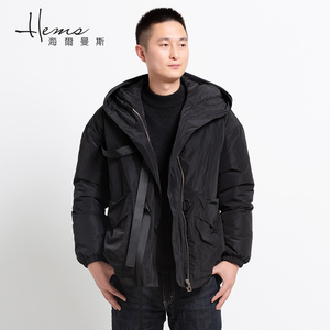 海尔曼斯秋冬男装羽绒服大衣黑色短款白鸭绒保暖外套中性款