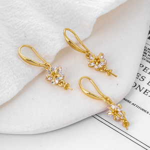 14k包金保色镶嵌锆石10mm四叶草带针耳钩diy手工饰品耳饰耳环配件