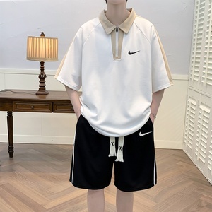 耐克顿时尚套装男夏季潮牌个性拼接纯色宽松休闲运动POLO衫两件套
