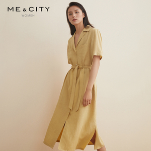 米安斯迪专柜mecity女装2021夏季新款西装领单排扣素色收腰连衣裙