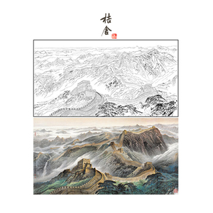 工笔画白描底稿国画现代横幅山水打印稿万里长城90*169含彩图17fs