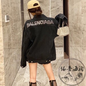 balenciaga/巴黎世家 21新款烫钻字母刺绣logo牛仔衣夹克男外套女