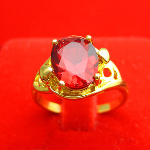 不褪色 黄金戒指女款镶红色宝石镀24k纯金戒子结婚豪华款妈妈礼物