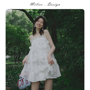 milier乔欣同款白色雪纺蕾丝吊带连衣裙女衣服蓬蓬礼服关雎尔夏装