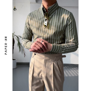男士休闲商务长袖条纹衬衫意式复古绿纽扣长尖领衬衣时尚个性修身