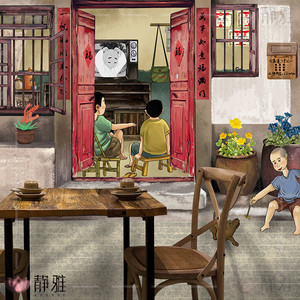 复古怀旧手绘墙纸80年代背景墙壁画麻辣烫串串火锅店饭店无缝壁纸