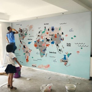 3d世界地图儿童房墙纸北欧地中海卡通动物电视背景墙壁画卧室壁纸