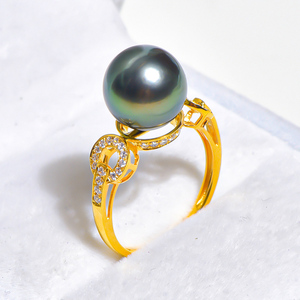 鑫润 复古款18k金法国大溪地黑珍珠戒指孔雀绿正圆海水指环送女友