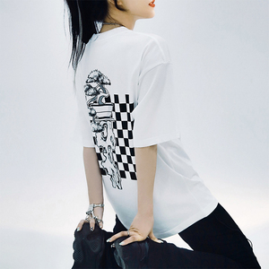 ietrendiness松树棋盘格印花白色短袖t恤女原创小众宽松百搭上衣