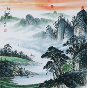 纯手绘四尺斗方客厅书房写意旭日东升一帆风顺山水画名人字画国画