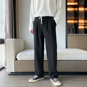 夏季冰丝薄款裤子男垂坠感宽松休闲裤黑色系绳阔腿大码直筒裤长裤