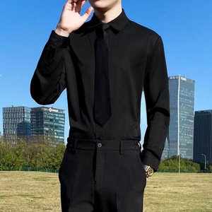 黑衬衫男长袖修身商务正装免烫领带上班衬衣伴郎抗皱职业西装寸衫