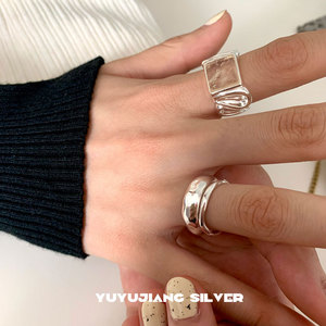 YUYUJIANG小众设计s925纯银天然晶石食指戒指女夸张混搭开口个性