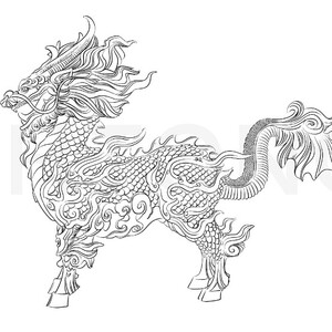 中国风古代龙纹麒麟造型图样图解插画素材雕塑参考上色线稿白描图