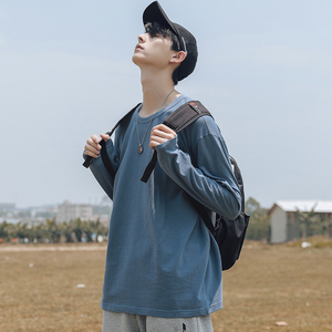 2021春夏新款潮流纯棉白色宽松叠穿打底衫长袖t恤男士上衣白t男装