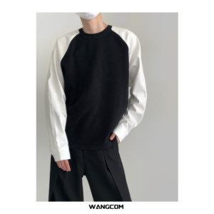 WANGCOM | 极简衬衫拼接针织衫黑白撞色高级纯色设计感毛衣男秋冬