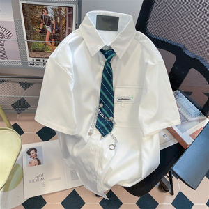 日系学院风复古西装领带衬衫外套男女夏季高级感oversize短袖上衣