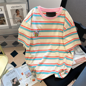 艺术生奶乖可爱小熊刺绣短袖t恤男女夏季设计感小众撞色条纹上衣