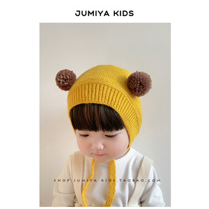 巨可爱的婴儿帽子内里加棉双球萌萌哒护耳帽秋冬季韩系洋气外出帽