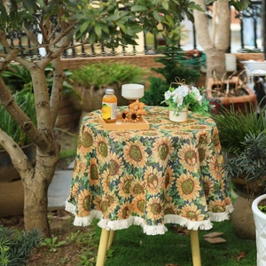 美式复古餐桌布艺田园ins油画风向日葵圆形茶几方桌装饰台布盖巾