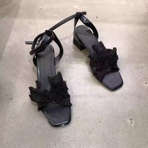 queen女鞋 东大门蝴蝶结高跟凉鞋露趾布面一字扣带复古粗跟女鞋