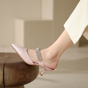 优雅气质水钻真皮包头拖细跟牛皮漆皮高跟半拖夏季新款尖头凉拖鞋