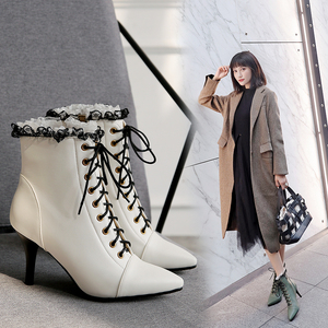 韩版秋冬新款尖头细跟高跟蕾丝花边及踝靴皮鞋甜美短靴切尔西靴女