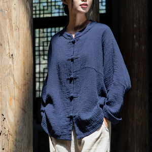 棉麻盘扣上衣复古对襟中式开衫宽松民族风短款唐装古风外套女春秋