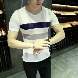 夏季男士短袖超薄缕空针织衫韩版型男紧身冰丝潮流T恤青年线衫帅