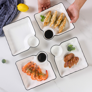 日式饺子盘家用盘子带醋碟创意陶瓷寿司盘子母盘水饺盘方形微波炉