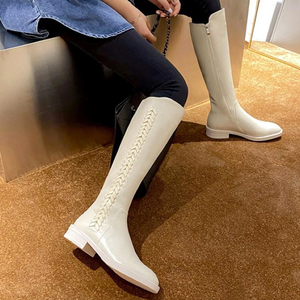 白色真皮高筒靴女不过膝长靴平底加绒侧拉链纯皮中长筒靴及膝靴子