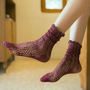 欧美镂空渔网袜蕾丝大花朵堆堆袜女袜韩国学院风网眼袜性感薄短袜
