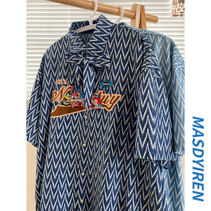 MASDYIREN 夏季美式复古刺绣小众设计感短袖条纹衬衫男女潮牌衬衣