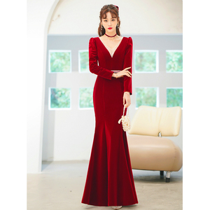 长款拖地鱼尾裙新娘敬酒服女气质v领修身显瘦晚会主持人礼服长裙