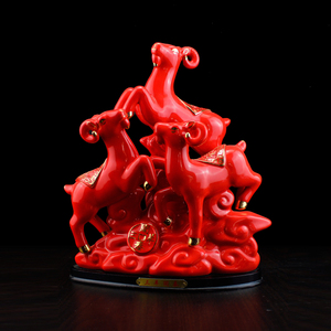 红色陶瓷三羊开泰羊摆件招财镇宅装饰品三阳开泰公司店铺开业礼品