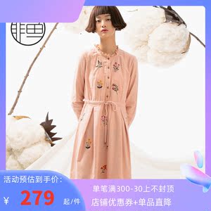 新款清新印花系带中裙七分袖纯棉连衣裙小清新 js非鱼服饰旗舰店