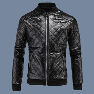 人造革软pu皮衣男冬季帅气哈雷摩托机车服装短款夹棉绒菱形格外套