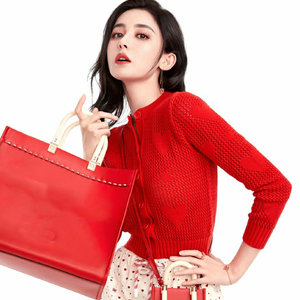 香港明星古力娜扎同款爱心提花镂空针织开衫毛衣女秋心形红色上衣